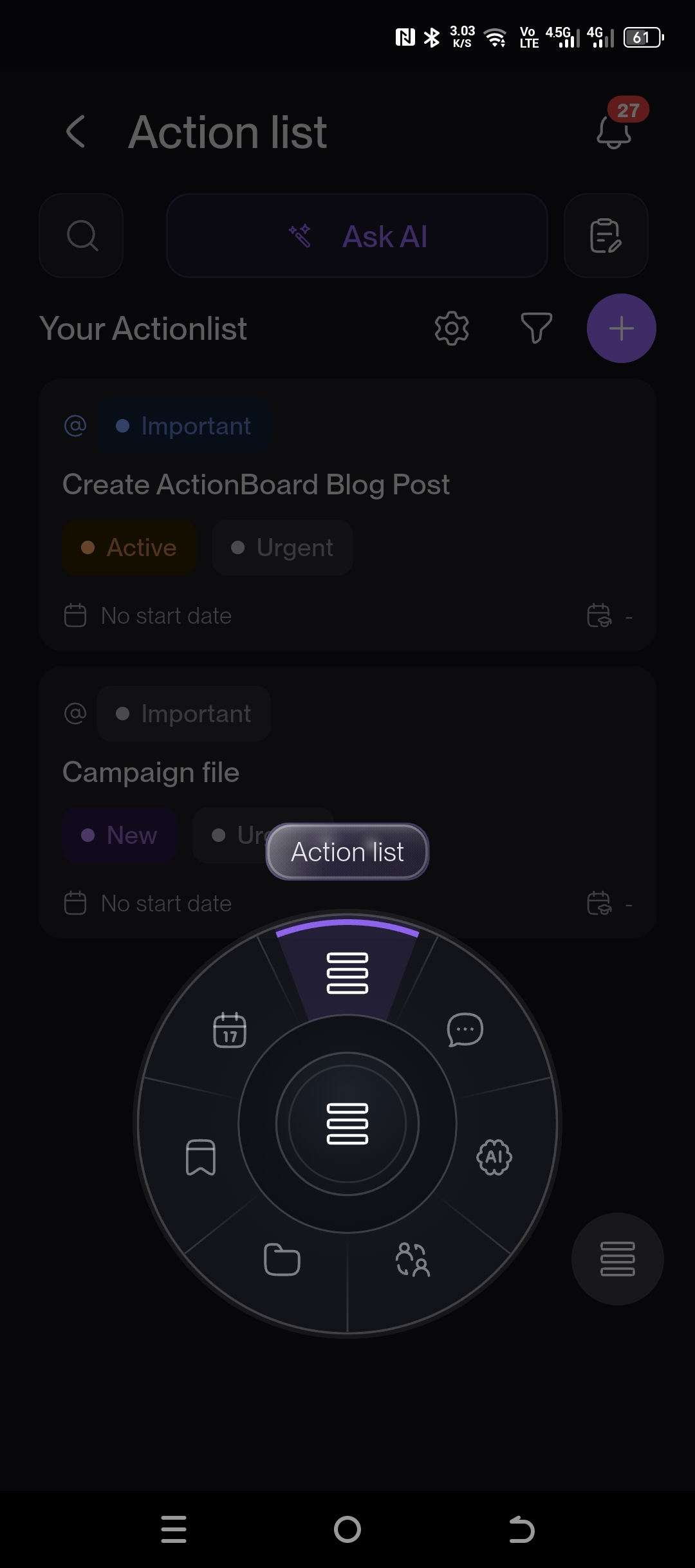 ActionBoard mobile — Quick nav